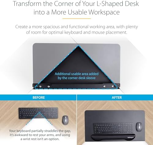 StarTech.com Clamp-On Steel Desk Corner Sleeve for L-Shaped/Corner Desk, for 0.5-1.5in (12.7-38.1mm) Desks, Increase Space for Keyboard/Mouse, Desk Extender/Tray for Wooden/Steel Desks (DSKCRNRSLV)