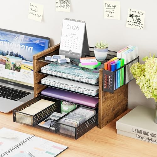Simple Trending Wood Desk Organizer, 5-Tier File Organizer, Rustic Brown