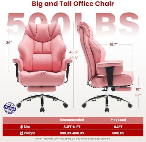 Clome 500lbs Big and Tall Office Chair Adjustable Lumbar Support for Back Pain, Extra Wide Seat Executive Office Chair Thick Armrest Pad, Heavy Duty Base Ergonomic Computer Desk Chair
