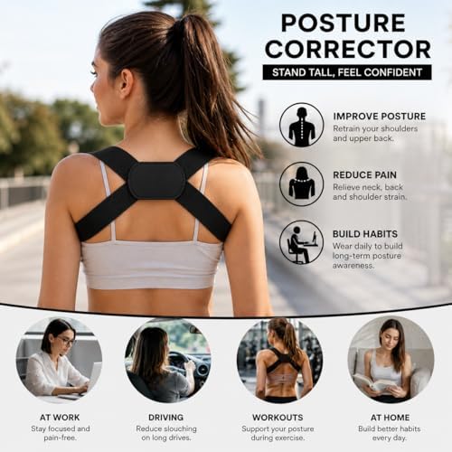 Slim Lightweight Posture Corrector for Men & Women – Invisible Upper Back Support Brace for All-Day Wear – Comfortable Under Clothing – Black (Large)