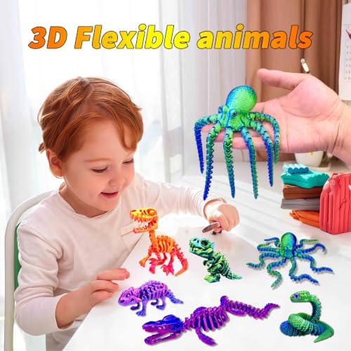 6pcs 3D Printed Dinosaur Skeletons,Octopus,Snake Flexible，Articulated T-Rex Fidget Toys,Large,3D Printed Animals,Desk Toy，Easter Eggs Basket Stuffers,Toys for Boys Kids Teen Girl 4-6 8-12