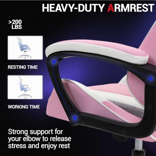 Massage Gaming Chair, Ergonomic PC Desk Chair with Headrest and Massage Lumbar Support, Video Game Chair w/Height Adjustable High Back for Home Office, Pink