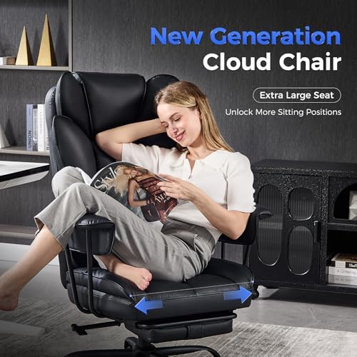Big and Tall Office Chair,High Back Leather Gaming Chair with Footrest,Lumbar Support,Outward Fixed Soft Armrests,Wide Ergonomic Desk Chair (Black)