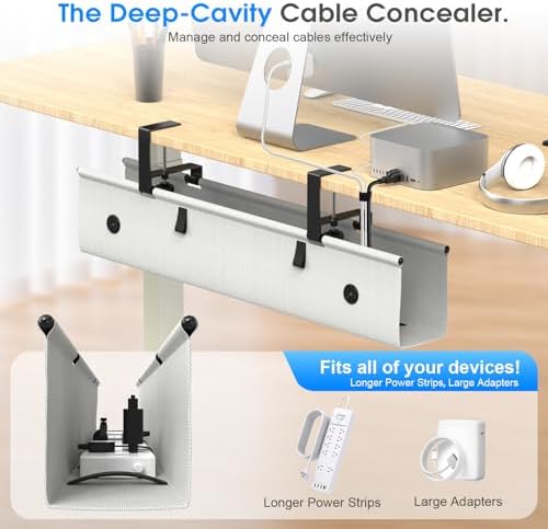 Under Desk Cable Management Tray, 30-inch No-Drill Cord Organizer with Anti-Sag Reinforced Base, Fabric Wire Management Hider for Standing Desk, Office & Gaming Accessories - Grey