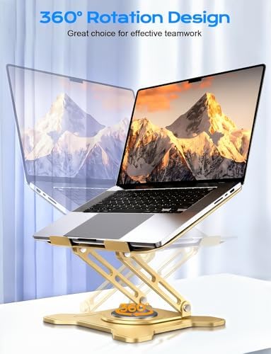 JCZT 360° Rotating Laptop Stand for Desk, Metal Foldable Laptop Riser, Gold