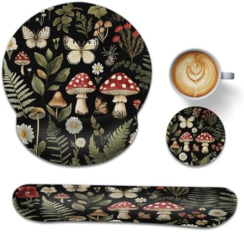 Mushroom Ergonomic Memory Foam Wrist Rest Set for Keyboard and Mouse,Butterfly Flowers Herbs Supportive Mouse Pad with Non Slip Base for Office Work and Gaming