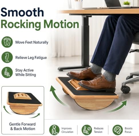 Foldable Under Desk Foot Rest, Wooden Rocking Footrest with 4 Massage Rollers, Natural Rubber Wood Ergonomic Foot Stool with Silicone Anti-Slip Surface, Office Home Study Footrest for Post