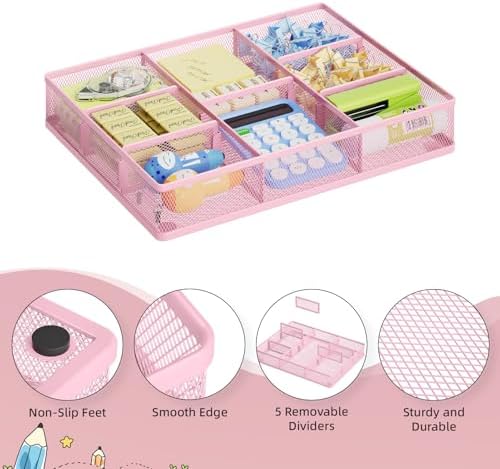 Marbrasse Desk Drawer Organizer, Metal Mesh Drawer Organizer Tray with 5 Adjustable Compartments,Desk Organizers and Accessories for Home,Office,Kitchen,Makeup,Vanity (Pink,2Pack)