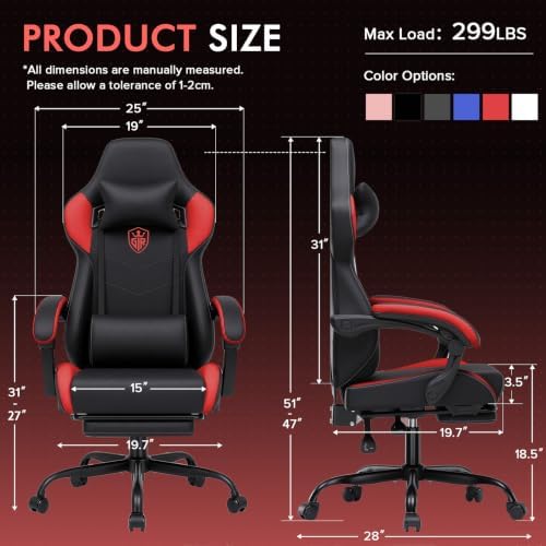 GTPLAYER Gaming Chair with Footrest, High Back Computer Chairs for Adults with Linkage Armrest Lumbar Support Heavy Duty 350lbs Ergonomic Swivel PC Game Chair for Office, Red