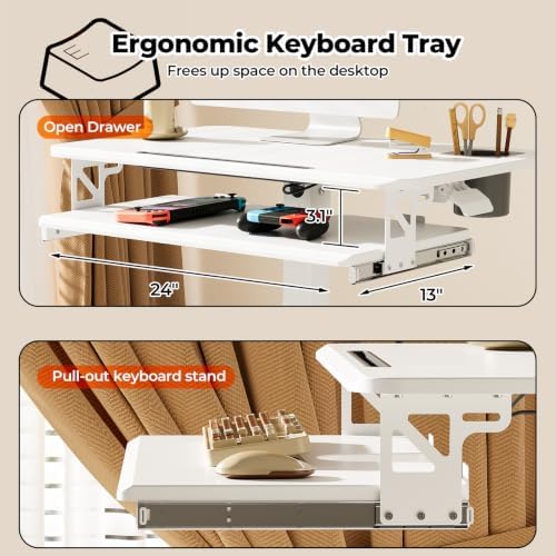 28" Rolling Standing Desk with Keyboard Tray and Podium, White
