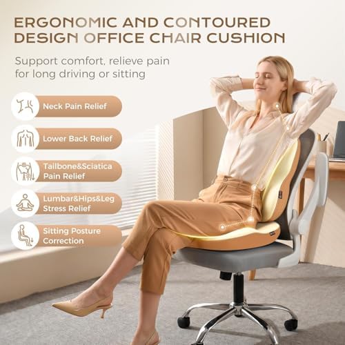 Coverado Truck Seat Cushion and Lumbar Support Headrest Pillow Memory Foam Ergonomic Car Cushion Back Neck Support Pillow Sciatica & Back & Tailbone Pain Relief Car Cushions for Driving Coffee&Beige