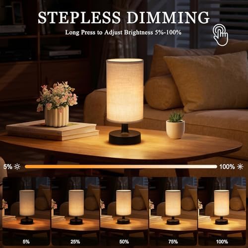 Kakanuo Cordless Table Lamp Rechargeable Small - 1 Pack Linen Black, 4000mAh Battery Operated Lamp with Touch Control Stepless Dimming, Wireless Lamp for Bedside, Nightstand, Bedroom, Living Room
