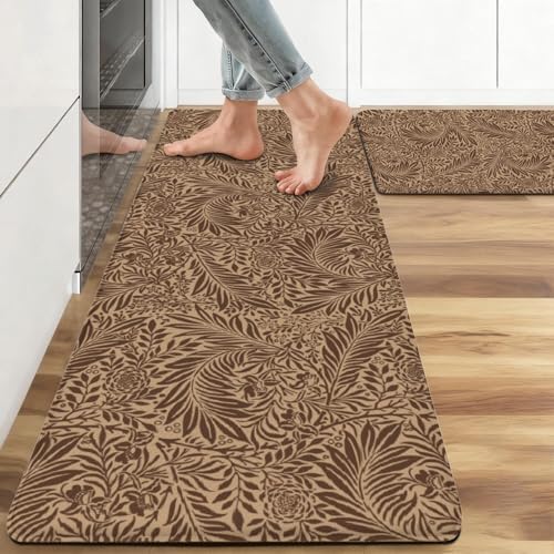 Tropical Palm Leaf Anti Fatigue Kitchen Rug, 17.3"x47"+17.3"x29"