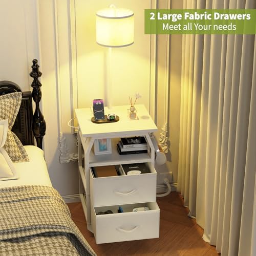 runjuly Floor Lamp with Table, End Table with Light and Charging, White