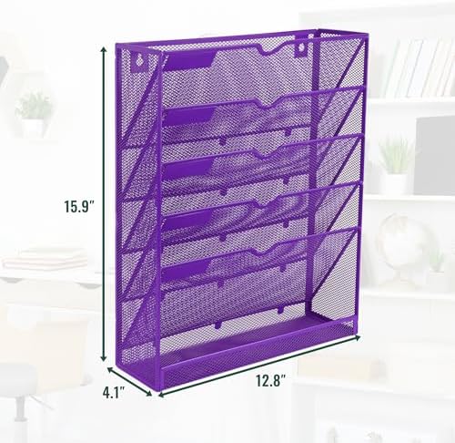 EASEPRES 6 Tier Mesh Hanging Wall File Organizer, Desk Vertical Mail Paper Document Folder Holder Rack with Bottom Tray and Nametag Label for Office Home School, Purple