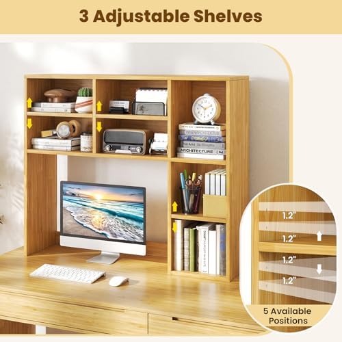 Giantex Desktop Bookshelf, Desk Hutch Dorm w/ 7 Cubes & 3 Adjustable Shelves, Desk Shelf for Up to 27" Computer Monitors, Wooden Desktop Storage Organizer for Dorm College Office Home (Burlywood)