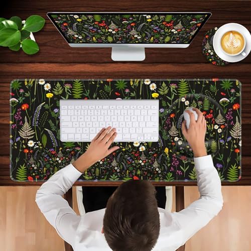 Mouse Pad,Large Pink Desk Mat, 4in1 XXL Mousepad + Keyboard Wrist Rest+Mouse Wrist Rest+Coaster Set with Ergonomic Desk Pad for Home Office Table Computer-Cute Flowers