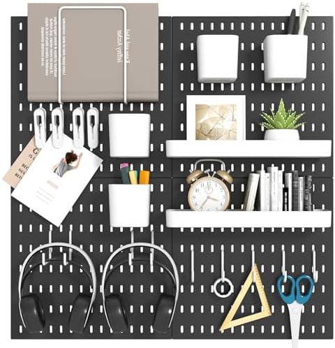 Peg Board Combination Kit, 4 Pegboards with 20 Accessories, Pegboard Wall Organizer for Office, Nursery & Home Storage, Key Holder, 25.6"x25.6" – Nail-Free Installation（Black）