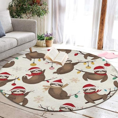 Large Machine Washable Circular Rugs, Home Decor Round Mat for Living Room Sofa Office Funny Christmas Sloth