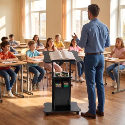 GIANTEX Mobile Podium Stand, Sit-to-Stand Laptop Cart (Black, 1 Pack)
