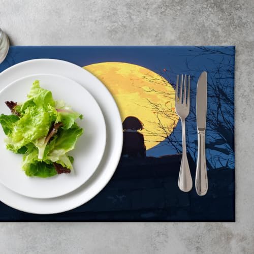 Romantic Evening Full Moon Placemats, Moment Nighttime View Place Mats for Dining/Kitchen Table Waterproof Washable Linen Heat Insulation Dinner Table Mats 12X18 in 8 Pcs