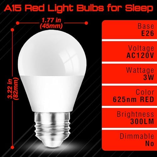Red Light Bulbs for Sleep, 100% Blue Light Blocking,A15 3W Red Night Light
