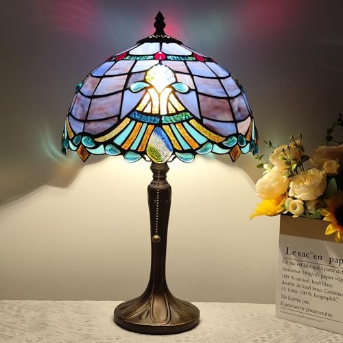 Tiffany Table Lamp Purple Baroque Style Stained Glass Lamp 3 Color Temperature 12 Inch Antique Desk Light Handcrafted Light for Bedroom Living Room Home, Included LED Bulb
