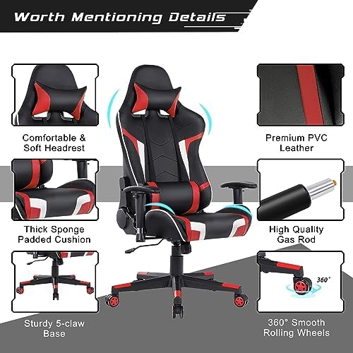 DORTALA Ergonomic Gaming Chair, High-Back Racing Chair w/Massage Lumbar Support, Extra Power Bank Pocket, 360° Swivel, Adjustable Backrest & Armrest, for Office, Game Room (Red)