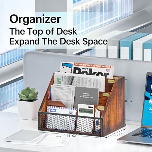 Mail Organizer Countertop,Wooden Mail Holder,4 Slot Letter Holder for Desktop,Vintage Desk Orgaizer for Fill,Bill (Brown)