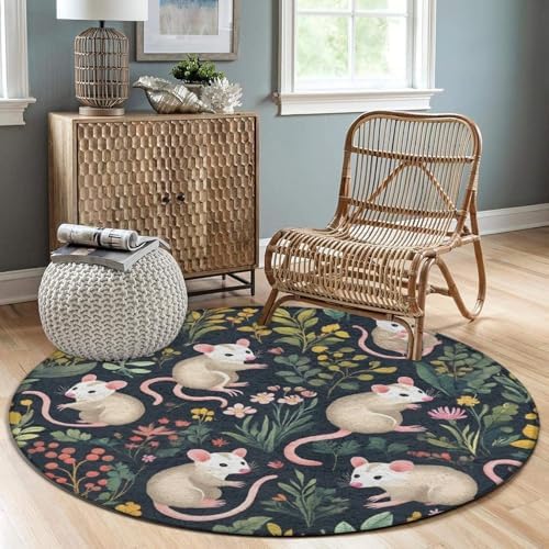 Women's Large Home Decor Mat, Soft Round Yoga Carpet, Non Slip Machine Washable Home Office Circle Rug Green Leaves Opossum Floral
