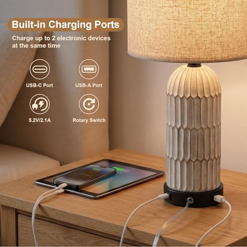 OYEARS 22.5" Bedside Table Lamps Set of 2, Farmhouse Table Lamp with USB A+C Charging Ports,Vintage Nightstand Lamp for Bedrooms and Living Rooms, Retro Resin End Table Lamp with Linen Shade, Black