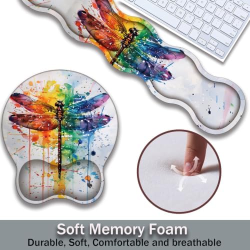 Ergonomic Keyboard Wrist Rest & Mouse Wrist Support Set with Lace Coaster, Gel Memory Foam Anti-Slip Base, Pain Relief for Typing, Watercolor Dragonfly