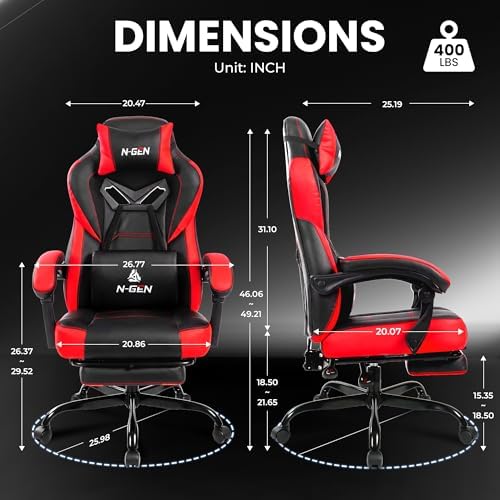 Gaming Chairs with Footrest, Big and Tall Gamer Chair with Headrest and Lumbar Support for Adults, Red