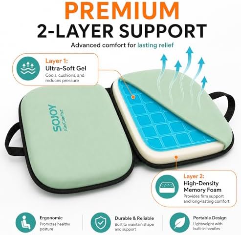 Sojoy 3-in-1 Foldable Gel Seat Cushion with Memory Foam Ergonomic Portable Cushion for Back Pain & Tailbone Relief - Perfect for Office Chair, Airplane Travel & Stadium Seats (18.5" x 15" x 2" Green)