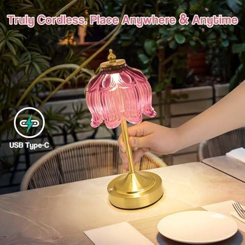 Cordless Table Lamp, Rechargeable Purple Glass Lotus Flower Lamp
