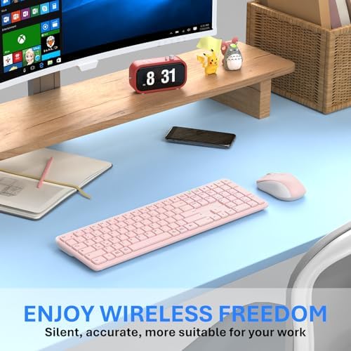 Wireless Keyboard and Mouse Combo, Full-Size Silent Ergonomic Keyboard and Mouse, Sleep Mode, Long Battery Life, 2.4G Lag-Free Cordless Mice Keyboard Set for Computer, Laptop, PC, Mac, Windows (Pink)