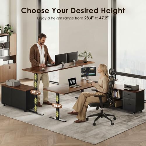 OffiGo 71" L Shaped Electric Standing Desk with Cabinet Sets, Walnut/Black