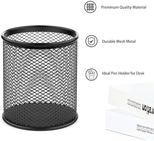 Pen Holder Mesh Pencil Holder Metal Pen Holder Cup Pencil Cup Holder for Desk Office Pen Organizer Black, 4 Pack