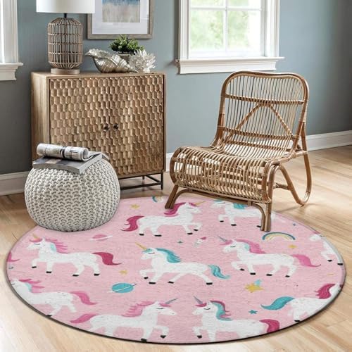 Men's Large Home Decor Mat, Soft Round Yoga Carpet, Non Slip Machine Washable Home Office Circle Rug Unicorns Pink