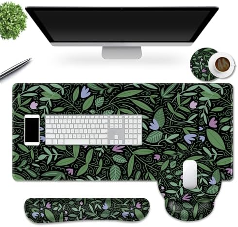 DINKY Keyboard Mouse Pad Set, Large Gaming Mousepad, Memory Foam Ergonomic Keyboard Wrist Rest Support, Extended Desk Mat Cushion pad for Office,Home, Green Leaves Plant