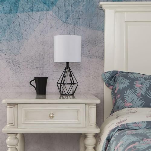 Black Bedside Table Lamp,Small Nightstand Lamp for Bedroom,Modern Desk Lamp with TC Fabric Shade Geometric Metal Base for Living Room Study Office Farmhouse