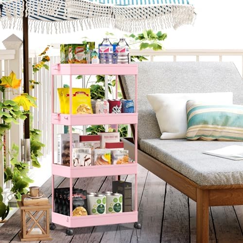 SPACELEAD 4 Tier Rolling Cart with Wheels, Storage Craft Art Trolley Organizer Serving, 3 Hanging Baskets Easy Assembly, for Office, Living Room, Kitchen