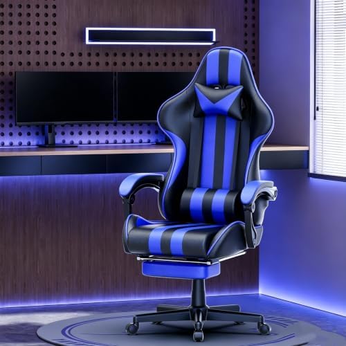 Huracan Gaming Chair with Footrest, Ergonomic Computer Chair Lumbar Support, Adjustable High Back Recliner for Adults, Racing Style Video Gaming Chairs, for Home Office Streaming, Navy