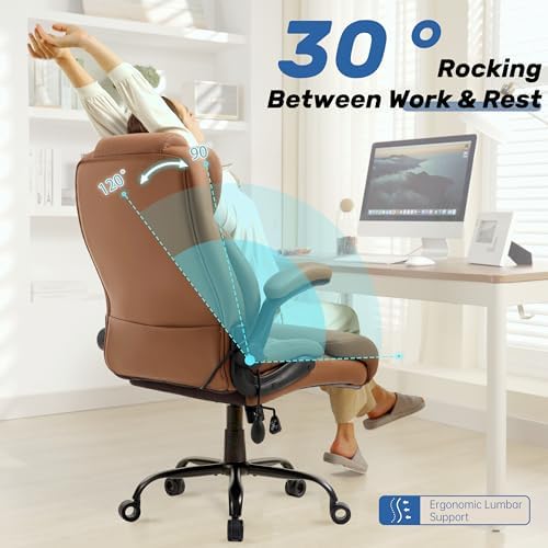 500LBS Big and Tall Executive Office Chair with Adjustable Lumbar Support,Extra Wide Seat for Ergonomic Computer Desk Chair Flip-up Arm,Home Office Chair Spring Cushion Upgraded Metal Base, PU Brown