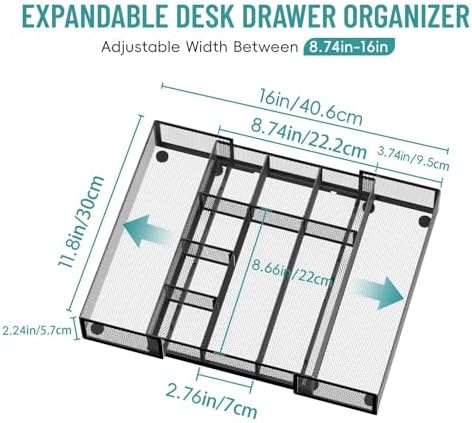 Expandable Desk Drawer Organizer, 10 Adjustable Compartments, Black
