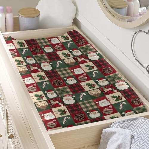 Christmas Theme Leaves Checkered Patchwork Winter Holiday Pattern Baby Changing Pad Cover, Unisex Christmas Nursery Diaper Changing Table Pad Mat Sheet for Boys Girls-16x32