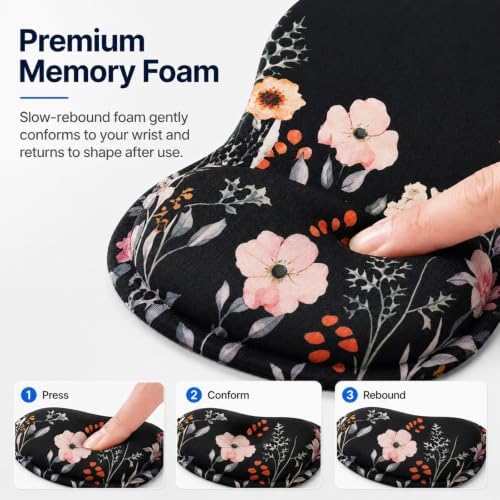Mouse Pad with Wrist Rest Ergonomic Memory Foam Support, Non-Slip Rubber Base, Comfortable Typing Cushion for Home Office Computer Laptop, Flower Black