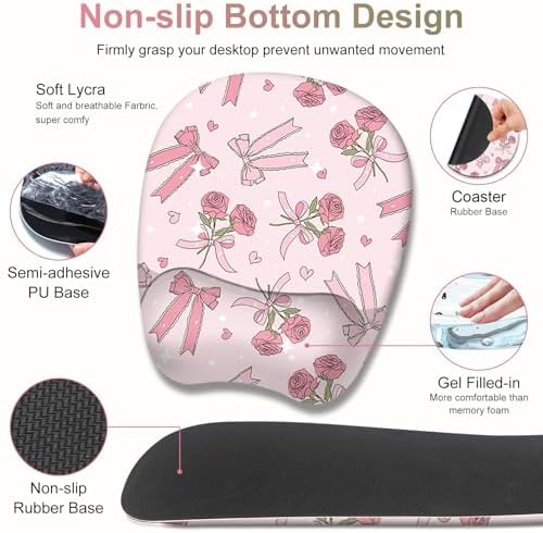 Pink Mouse Pad with Wrist Support 4 in1 Set, XXL Big Game Mousepad + Keyboard Wrist Rest + Mouse Wrist Rest Pad +Coaster Gaming Mat for Home Office Work Computer Laptop PC I Sweet Rose & Heart Bow