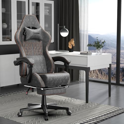 Ferghana Vintage PU Leather Gaming Chair, High Back Gamer Chair with Massage, Ergonomic Computer Office Chair with Footrest for Adults, Racing Style Reclining Video Game Chair Steel Gray