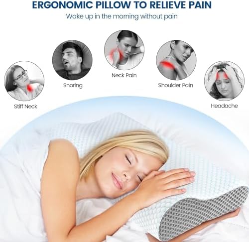 Memory Foam Pillows Neck Pillow Bed Pillow for Sleeping, Ergonomic Cervical Pillow for Neck and Shoulder Pain Relief,Orthopedic Contour Pillow for Side Back Stomach Sleeper(Blue&Grey)